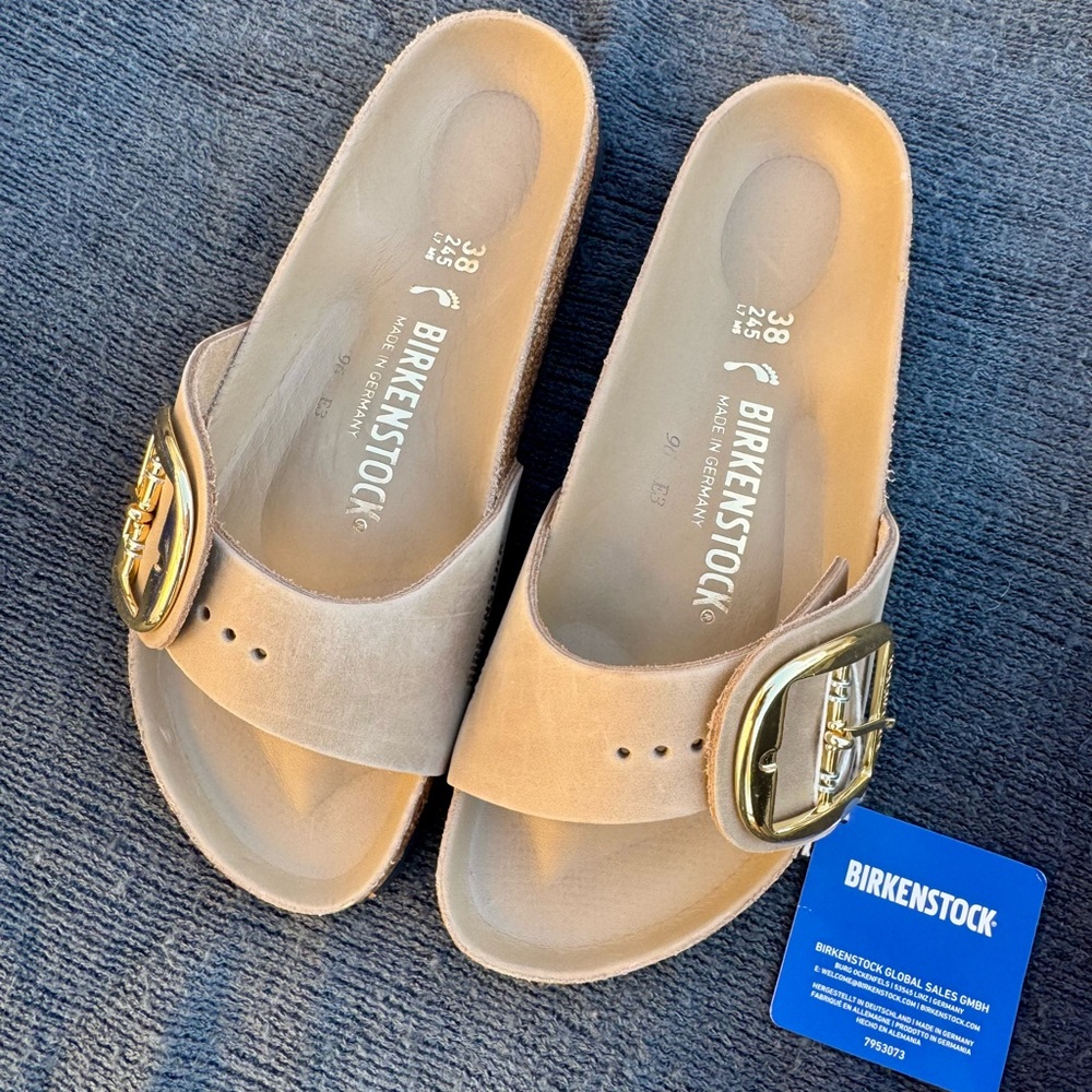 Birkenstock Madrid Big Buckle Sandals Taupe Suede Gold Buckle EU 38 NEW